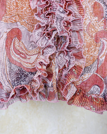 Feel like a fairy in this Vintage 90s pink-multicolor transparent volant silk mix blouse! With its deep V collar and light shimmer, this blouse is like a fairy tale. Perfect for adding some magical vibes to your wardrobe.