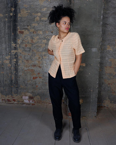 Vintage 80s light apricot colored light transparent striped blouse | M - L