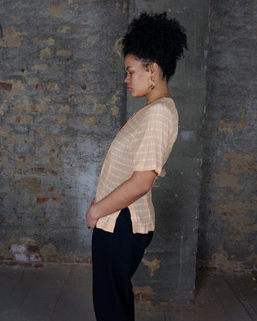 Vintage 80s light apricot colored light transparent striped blouse | M - L