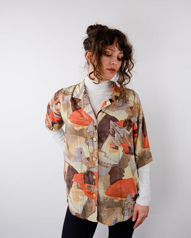 Vintage 80s brown crazy pattern short sleeve blouse | S-L