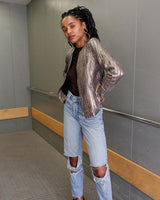 This Milestone nappa leather jacket will have you shimmering with glam and elegance! Crafted from ultra thin and luxurious nappa leather. Ideal for spring and summertime sparkle!