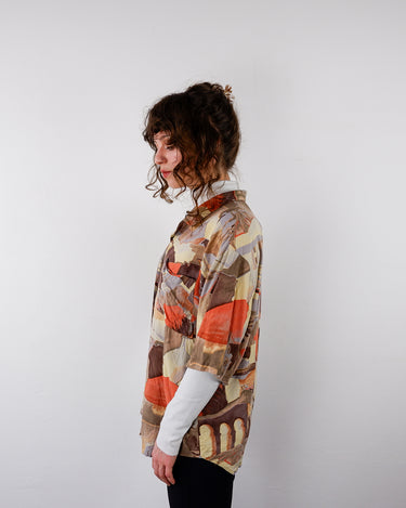 Vintage 80s brown crazy pattern short sleeve blouse | S-L