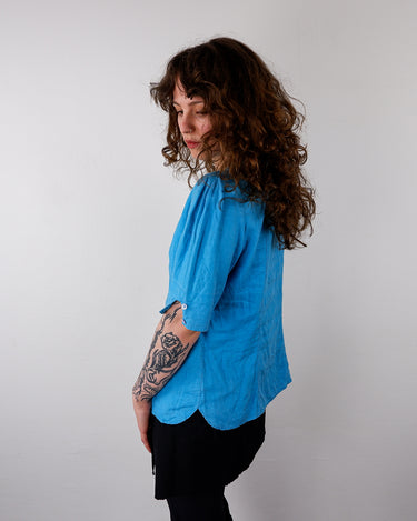 Vintage 80s 90s blue short sleeve linen blouse | S
