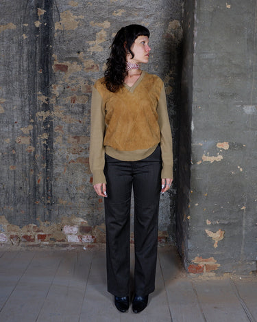 Vintage 80s came brown patchwork leather v-neck sweater | S-M