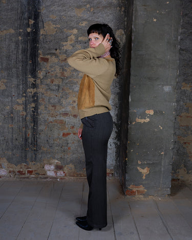 Vintage 80s came brown patchwork leather v-neck sweater | S-M