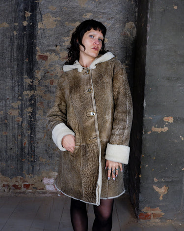 Vintage 90s brown hooded faux shearling coat (heavy) | S-L