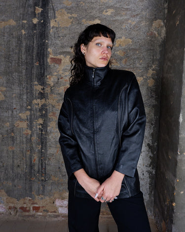 Vintage 90s high collar black leather jacket (lightweight) | M-L