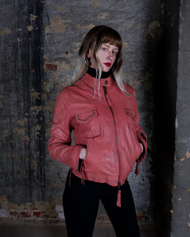 Vintage 90s Y2k muted coral pink studded biker leather jacket | S