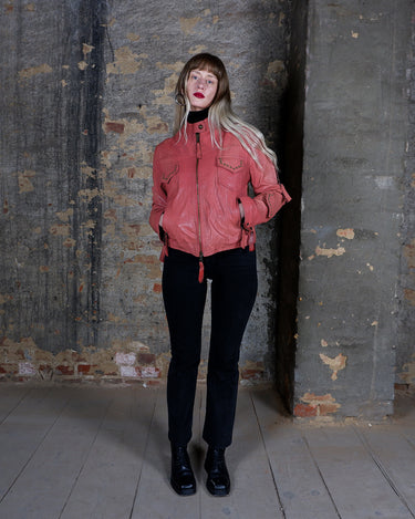 Vintage 90s Y2k muted coral pink studded biker leather jacket | S