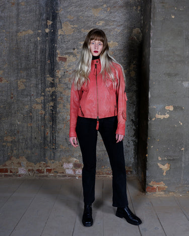 Vintage 90s Y2k muted coral pink studded biker leather jacket | S