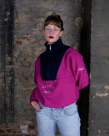 Vintage Coca-Cola Color Block Fleece Half-Zip Pullover in Pink & Navy | S-M