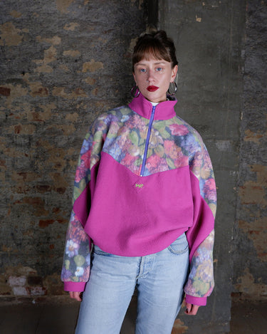 Vintage 80s 90s hot pink half zip fleece with floral pattern | M-L