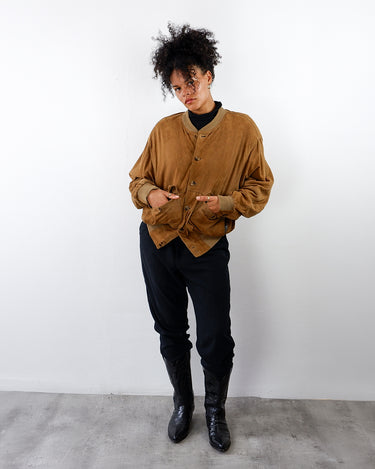Vintage 80s brown suede bomber jacket with light shoulder pads | L-XL