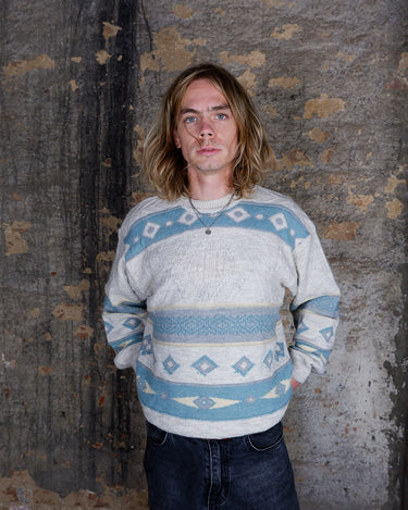 Vintage 90s wool sweater in beige with teal & grey geometric design | M-L