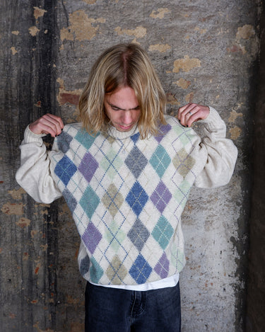 Vintage 80s 90s cream lana wool sweater with colorful argyle pattern | L-XL