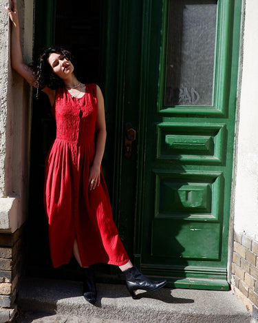 Vintage 90s red maxi viscose sleeveless dress with stiched floral | L