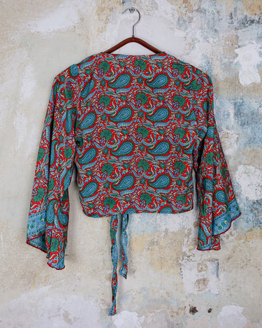 Inspired by the free-spirited vibe of the 70s, this boho paisley-patterned silk-blend tie crop-fit blouse features flared sleeves and a breezy silhouette. Lightweight, very thin, colorful and perfect for sizes XS to S. Throw it on, tie it up, and let your outfit do the talking.