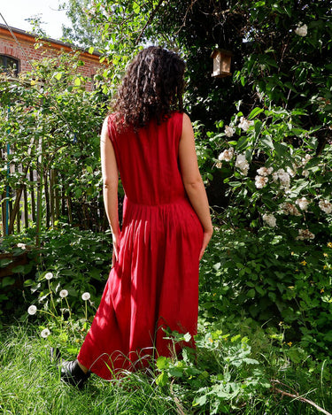 Vintage 90s red maxi viscose sleeveless dress with stiched floral | L