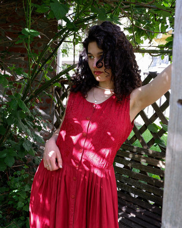 Vintage 90s red maxi viscose sleeveless dress with stiched floral | L