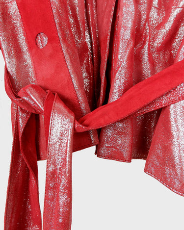 Add a touch of sparkle to your wardrobe with this premium vintage 80s red glitter lamb skin jacket (thin). The belted design offers a flattering fit, while the soft and supple leather provides luxurious comfort!