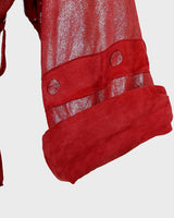 Add a touch of sparkle to your wardrobe with this premium vintage 80s red glitter lamb skin jacket (thin). The belted design offers a flattering fit, while the soft and supple leather provides luxurious comfort!