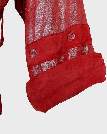 Add a touch of sparkle to your wardrobe with this premium vintage 80s red glitter lamb skin jacket (thin). The belted design offers a flattering fit, while the soft and supple leather provides luxurious comfort!