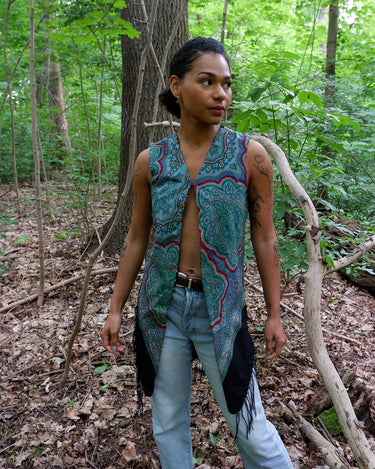 Handmade long reversible vest with fringe | XS