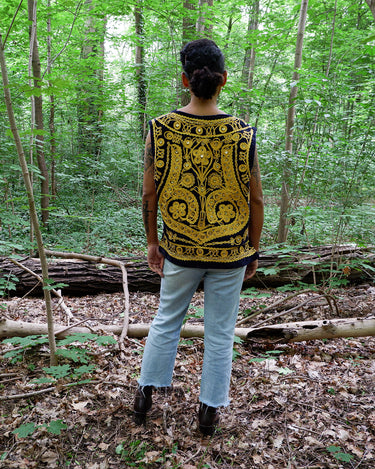 Premium Vintage afghan velvet vest in navy blue with gold details | L–XL