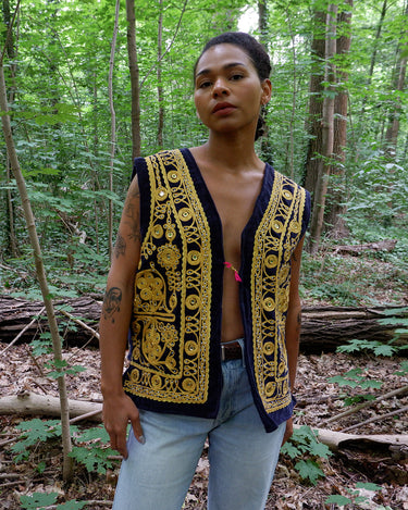 Premium Vintage afghan velvet vest in navy blue with gold details | L–XL