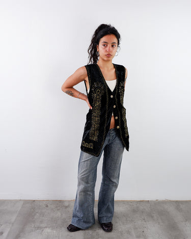 Vintage 90s black velvet long vest with golden embroidery | S-M