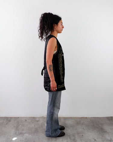 Vintage 90s black velvet long vest with golden embroidery | S-M