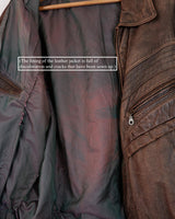 Revive the '80s look with this vintage brown used look leather jacket! It's been around the block, but there's still plenty of life in it enough to make a statement that'll stand the test of time. Please keep in mind, that the inner lining of the leather jacket is full of discoloration and cracks that have been sewn up (condition 4/10 for the inner lining). Please have a look at the last 3 photos for the inner lining.