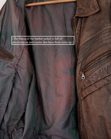 Revive the '80s look with this vintage brown used look leather jacket! It's been around the block, but there's still plenty of life in it enough to make a statement that'll stand the test of time. Please keep in mind, that the inner lining of the leather jacket is full of discoloration and cracks that have been sewn up (condition 4/10 for the inner lining). Please have a look at the last 3 photos for the inner lining.