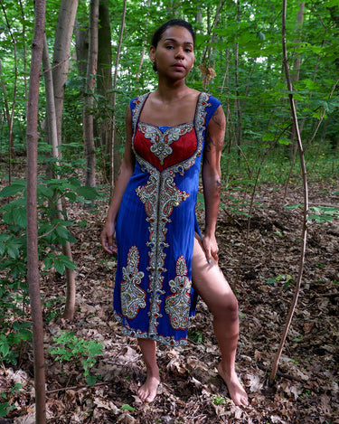 Vintage 90s royal blue midi dress with pearls (heavy) | XS