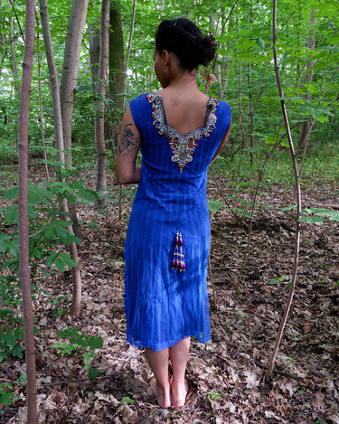 Vintage 90s royal blue midi dress with pearls (heavy) | XS