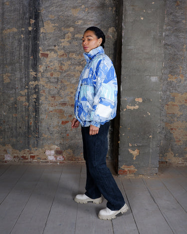 Vintage 80s colorfol pattern high collar light puffer jacket (removable hood) | M-L