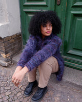 This Vintage 80s purple glitter handmade furry cardigan (thin) is sure to sparkle up your wardrobe! No need to be basic!