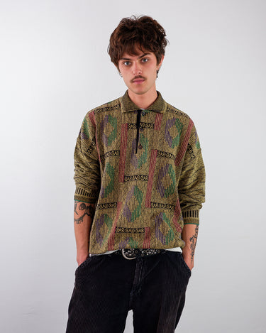 Vintage 80s BAFFO mustard yellow polo sweater with colorful geometric design | M-L