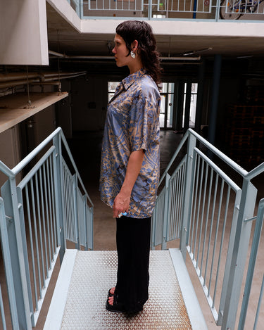 Vintage 90s pattern short sleeve shirt in beige and blue | L-XL