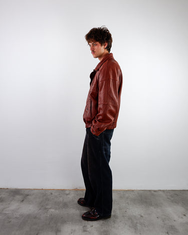Vintage 80s red brown bomber leather jacket with shoulder pads | L-XL