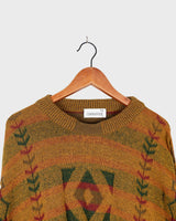 This vintage sweater has fall vibes written all over it, thanks to its alpaca and lambs wool mix in a cozy brown, mustard-yellow combo!