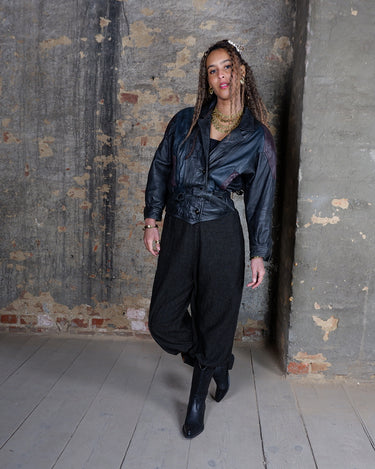 Vintage 80s buttery soft leather batwing fit jacket with shoulder pads | black, green & burgundy color-block | mob wife aesthetic | Size XS-S