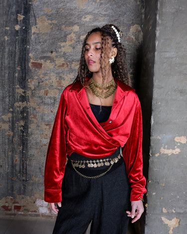 Vintage 90s MARIA BELLESY red velvet long sleeve blouse | M-L