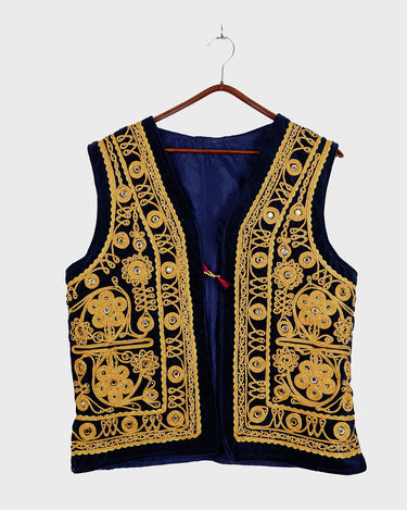 Premium Vintage afghan velvet vest in navy blue with gold details | L–XL