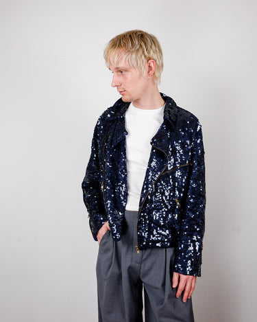 Premium Vintage 80s 90s royal blue 100% silk sequin bomber jacket | M-L
