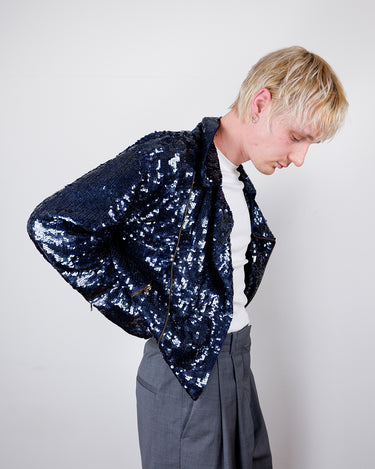 Premium Vintage 80s 90s royal blue 100% silk sequin bomber jacket | M-L