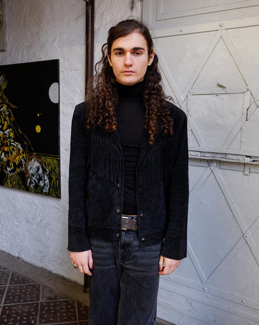 Vintage 80s black fringe jacket with shoulder pads bohostyle | M - L