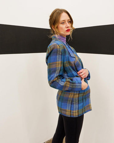Vintage 80s blue brown checkered spring flax linen mix blazer | S