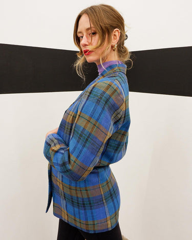 Vintage 80s blue brown checkered spring flax linen mix blazer | S
