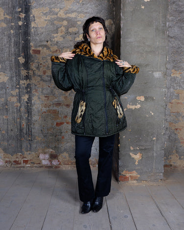 90s Vintage Y2k shimmering golden-green lightweight spring autumn parka with adjustable waist and leopard trim | Size M-XL